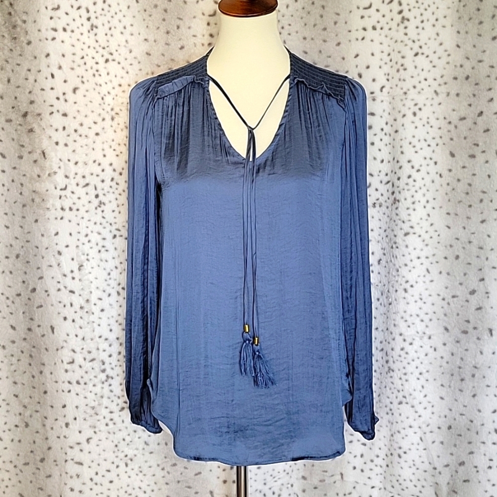 Philosophy cornflower blue silky blouse with adorable boho detailing! Size small